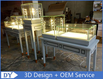 एलईडी लाइट के साथ सुंदर आधुनिक ग्लास लकड़ी के ग्रे आभूषण काउंटर डिजाइन